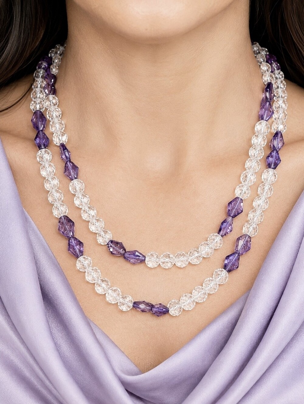 Clear Glass Rosebud Beaded Amethyst Purple Diamond Shape Vintage Necklace EUC